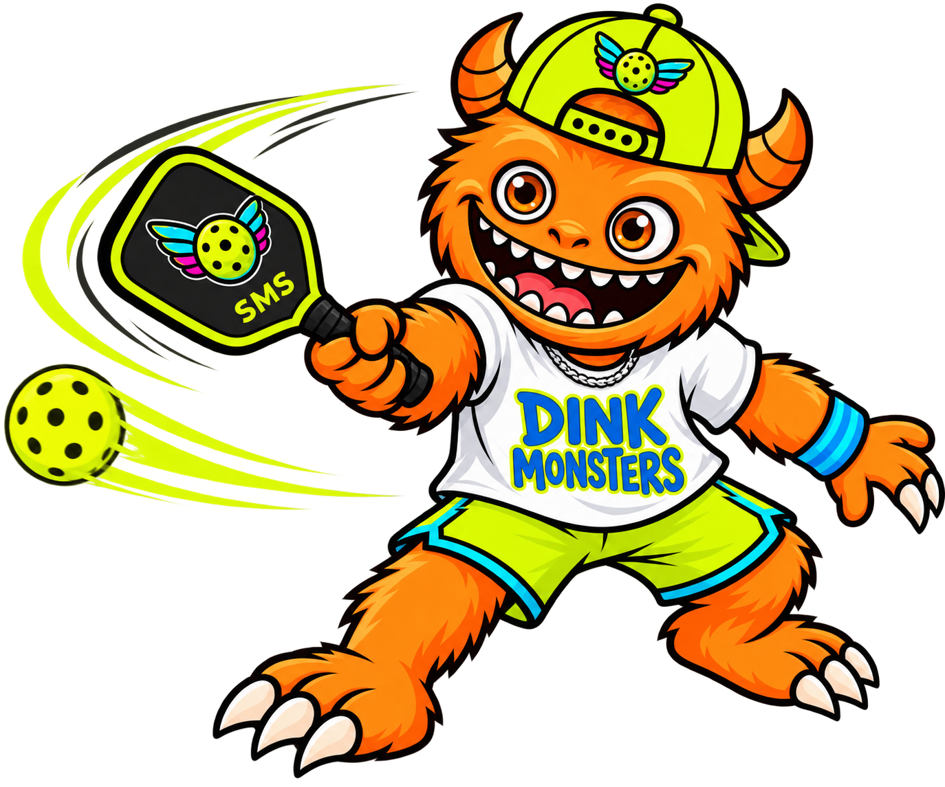 DinkMonsters mascot holding an SMS paddle and pickleball