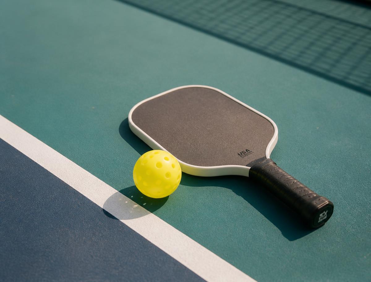 Pickleball paddle and yellow ball on a teal court